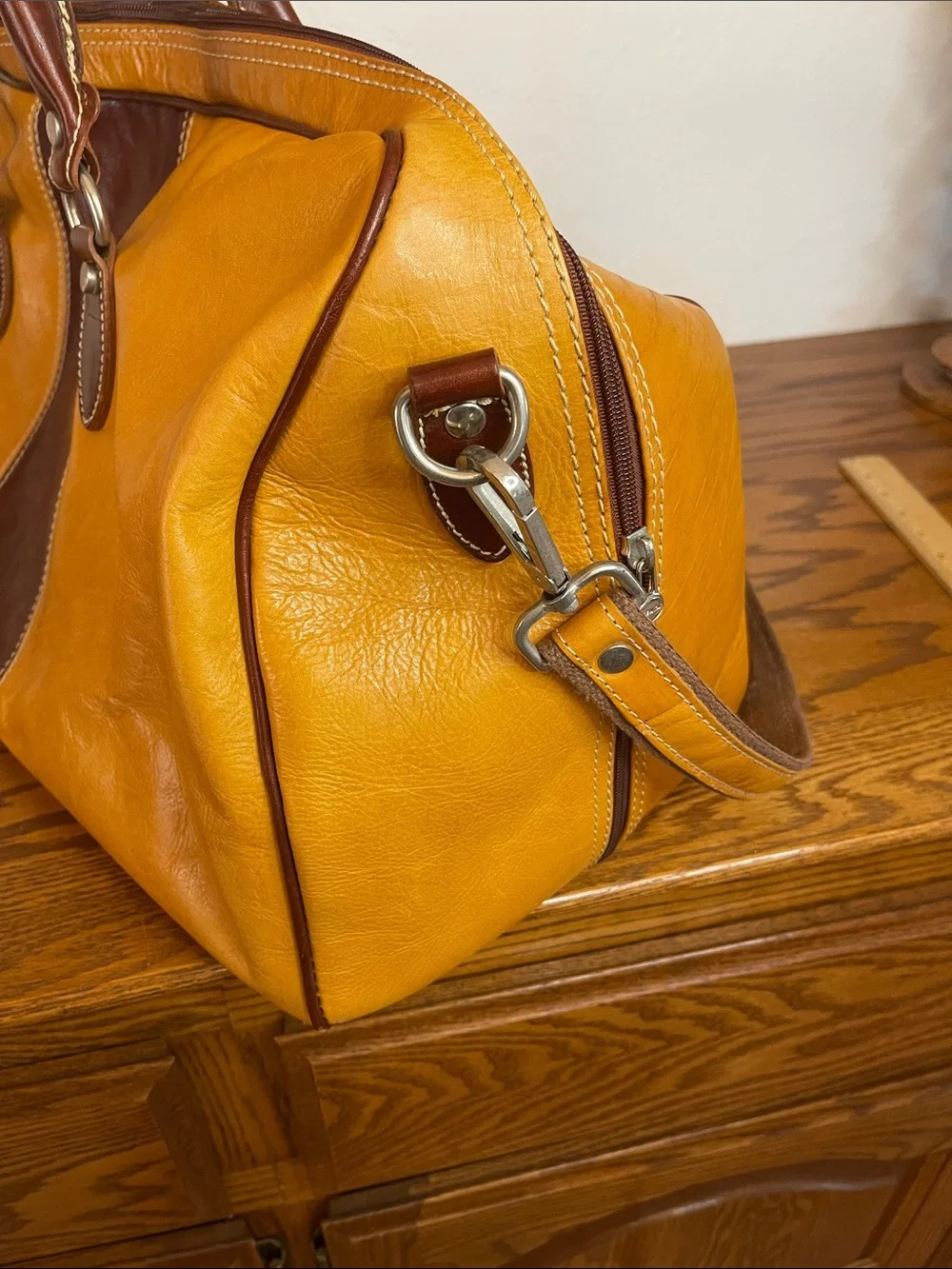 MARISA Leather Travel Duffel BOWLING STYLE Bag in Tan with Brown Accent
